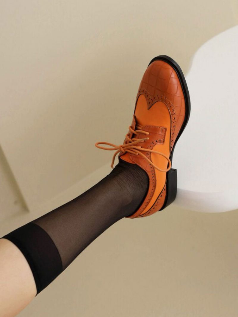 Damen-oxfordschuhe Mit Runder Zehenpartie Und Welpenabsatz Aus Pu-leder - Orange