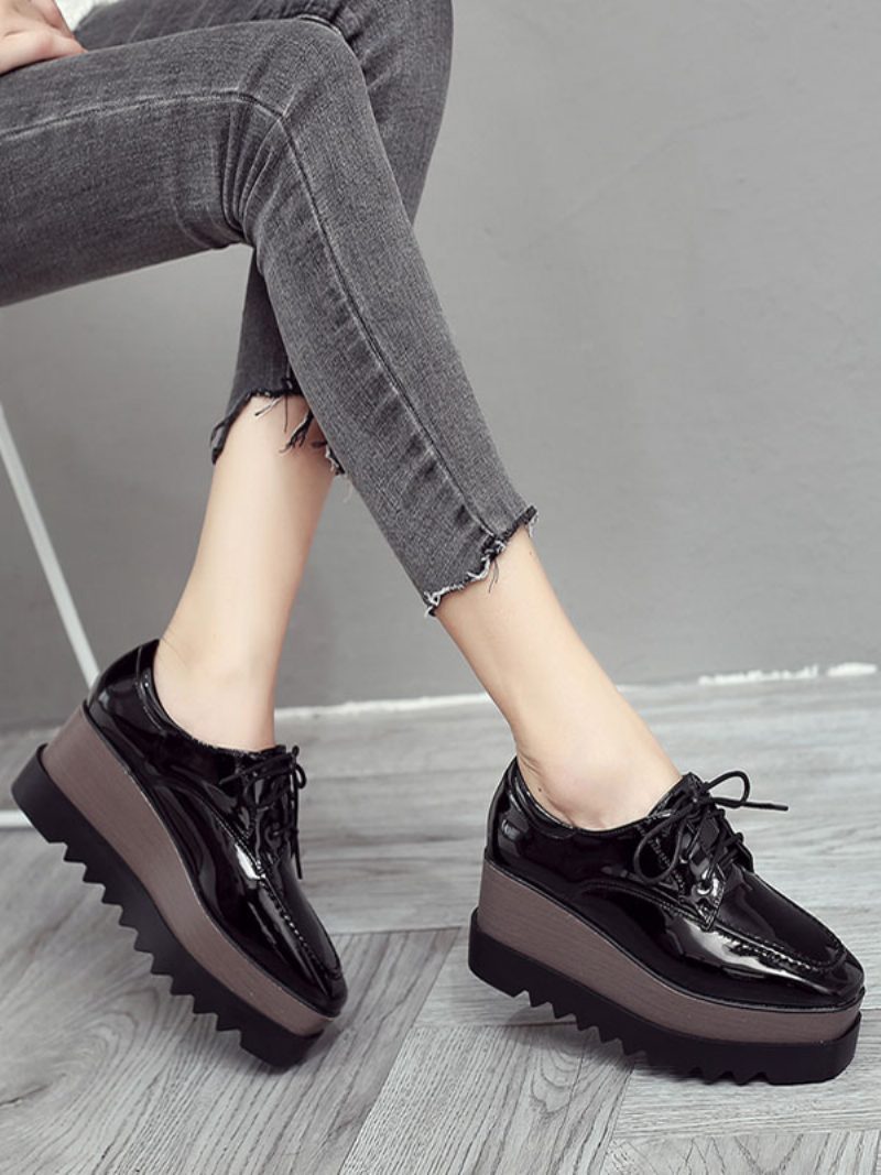 Damen-schnür-flatform-oxfords Aus Lackleder - Schwarz