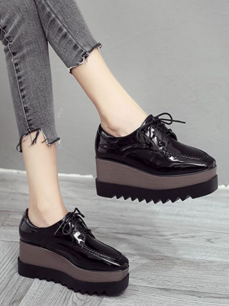 Damen-schnür-flatform-oxfords Aus Lackleder - Schwarz