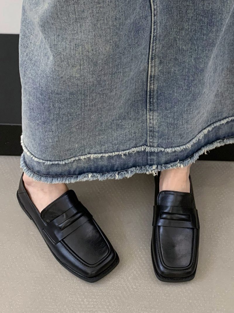 Flache Damen-loafer Aus Pu-leder - Schwarz