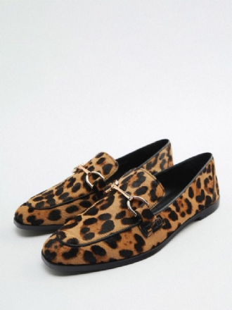 Flache Damen-loafer Mit Leopardenmuster Und Metalldetails Aus Pferdehaar