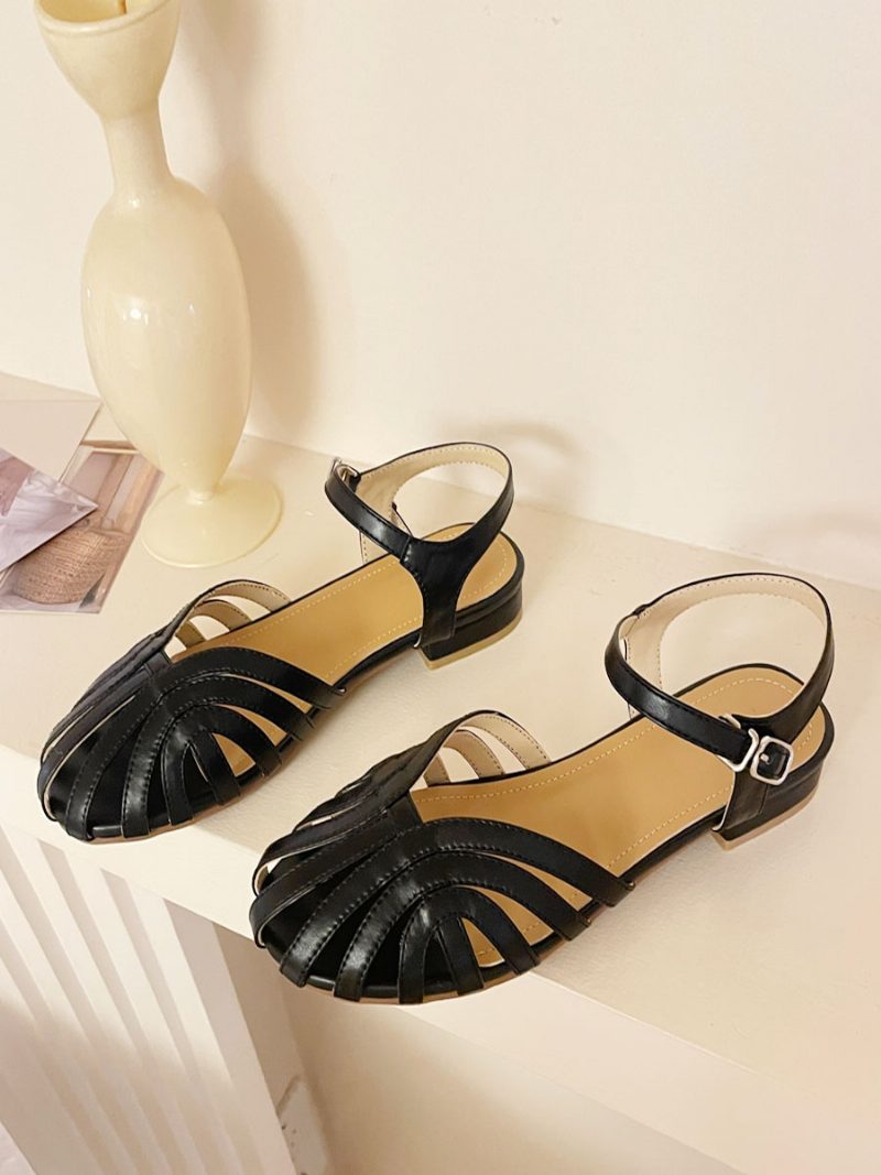 Flache Damen-sandalen Retro-sandalen Runde Zehen Schnür-sandalen Aus Pu-leder - Schwarz