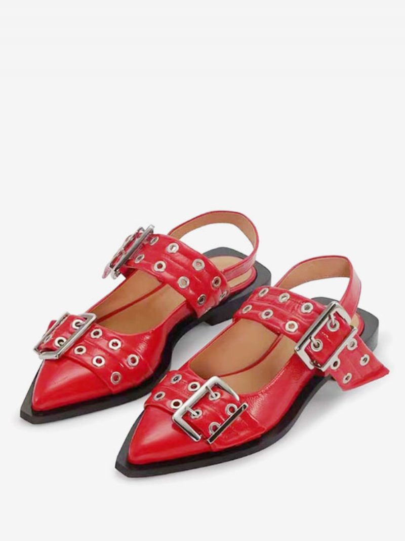 Flache Damenschuhe Weiße Schnalle Spitze Zehenpartie Slingback-ballerinas - Rot