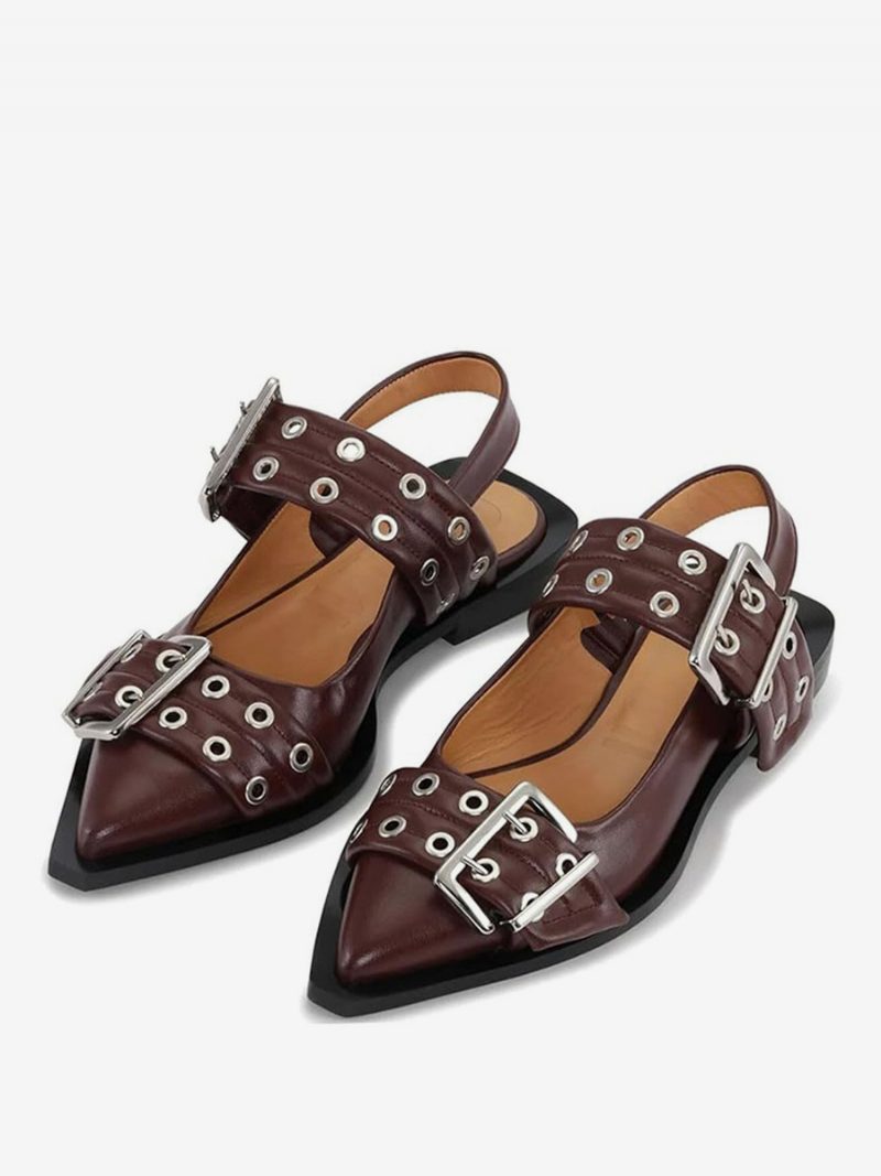 Flache Damenschuhe Weiße Schnalle Spitze Zehenpartie Slingback-ballerinas - Burgund