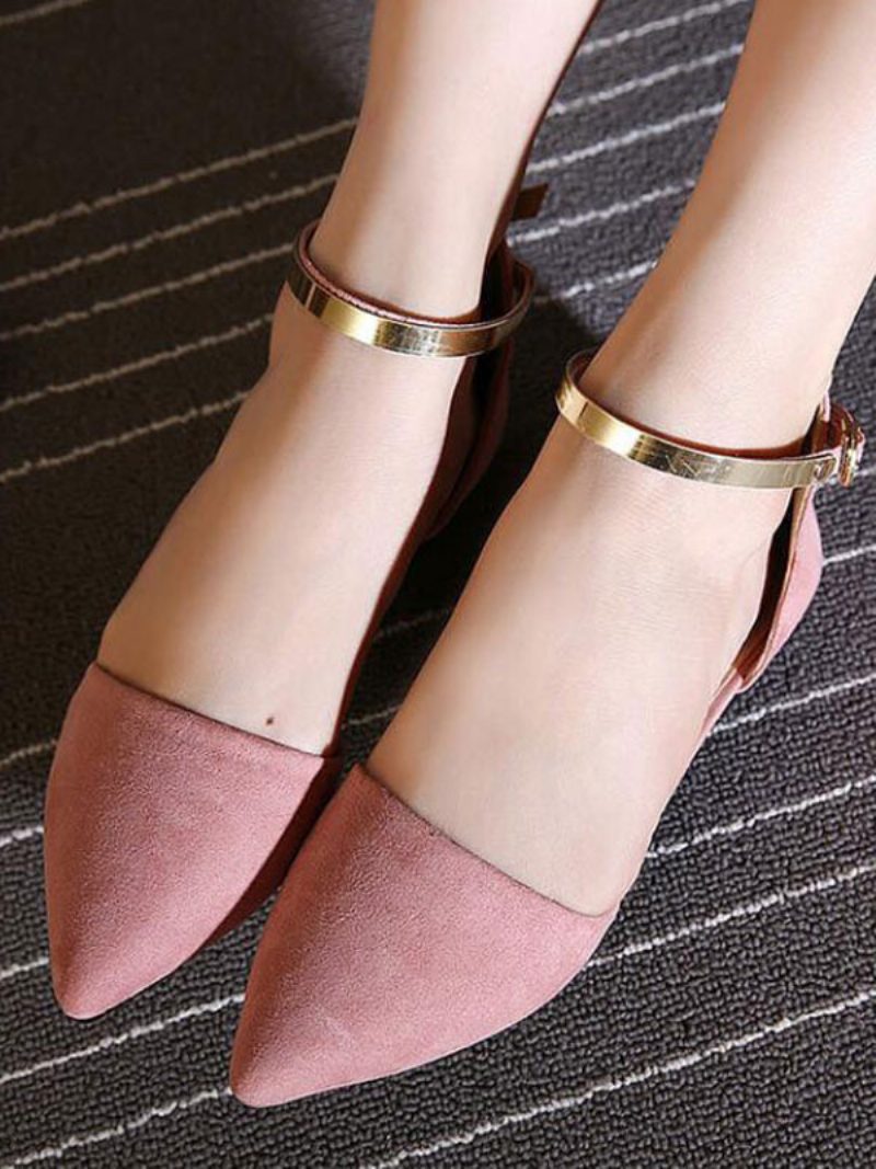 Flache Schuhe Für Damen Burgunderrot Spitze Zehenpartie Geschlossene Metalldetails Knöchelriemen Ballerinas - Rosa