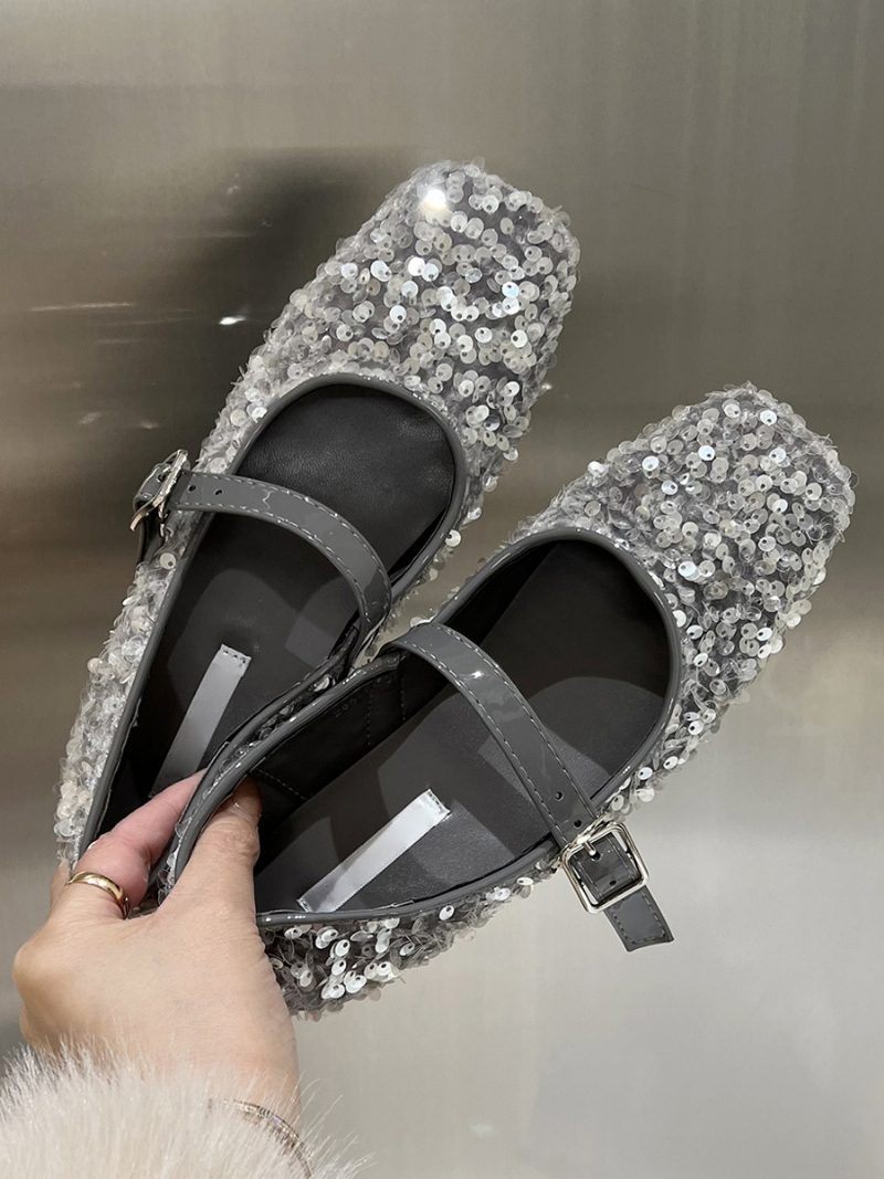 Glitzer-ballerinas Für Damen Mit Quadratischer Zehenpartie Mary Jane-partyschuhe - Silber