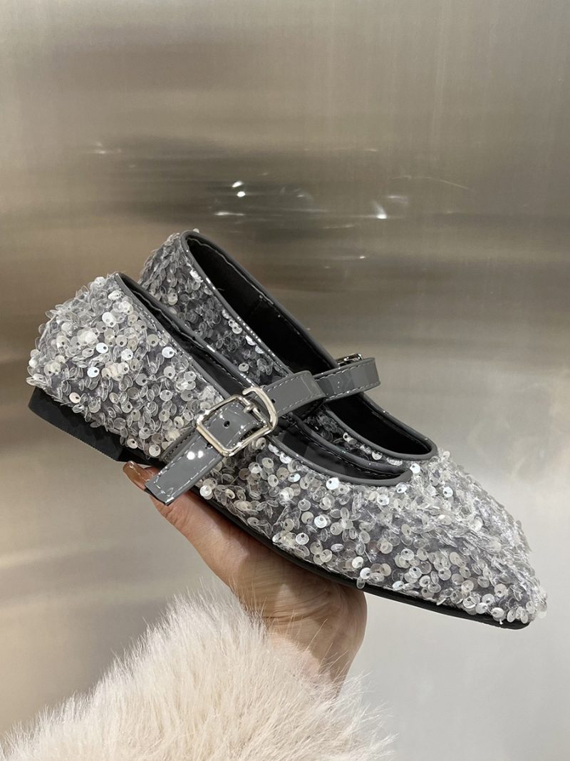 Glitzer-ballerinas Für Damen Mit Quadratischer Zehenpartie Mary Jane-partyschuhe - Silber