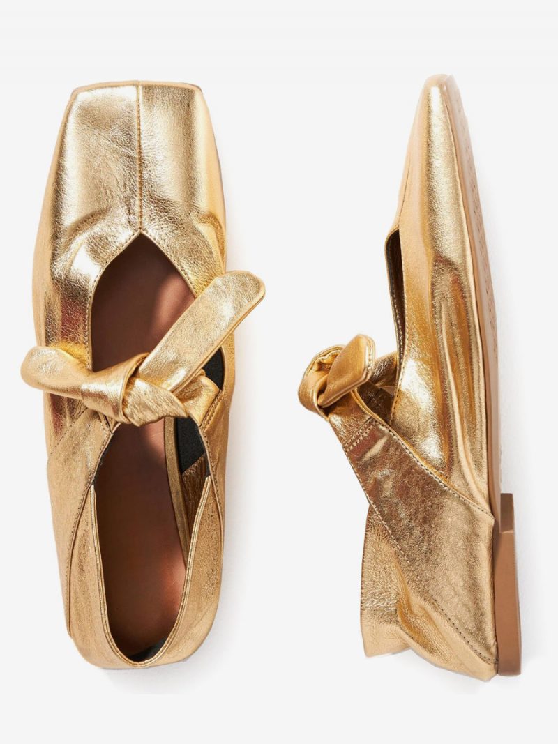 Goldene Ballerinas Für Damen Mit Eckiger Zehenpartie Flache Schuhe Metallic-knotendetail