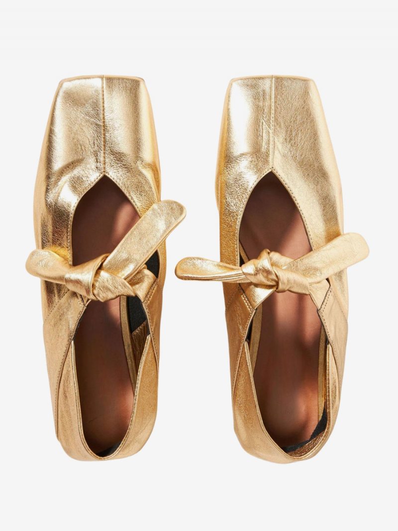 Goldene Ballerinas Für Damen Mit Eckiger Zehenpartie Flache Schuhe Metallic-knotendetail - Gold