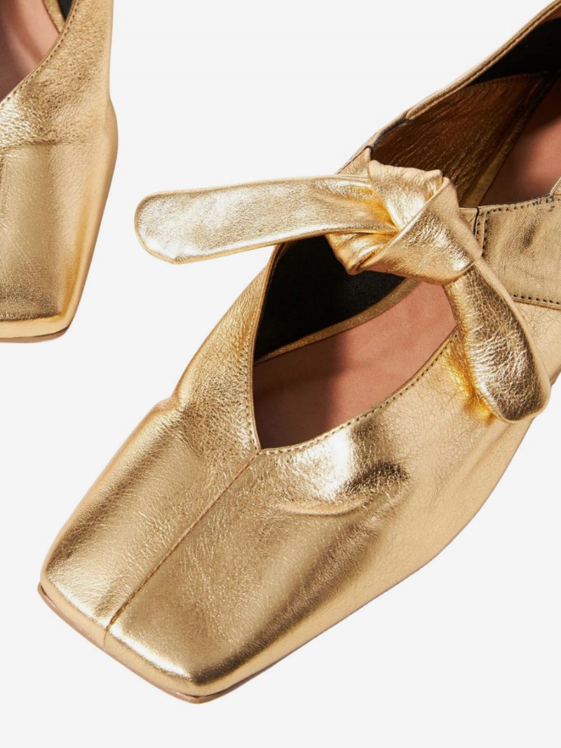 Goldene Ballerinas Für Damen Mit Eckiger Zehenpartie Flache Schuhe Metallic-knotendetail - Gold