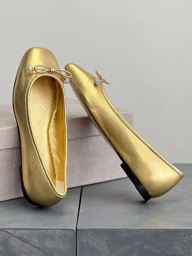 Goldene Ballerinas Für Damen Mit Metallic-schleife Und Runder Zehenpartie Flache Slip-on-schuhe