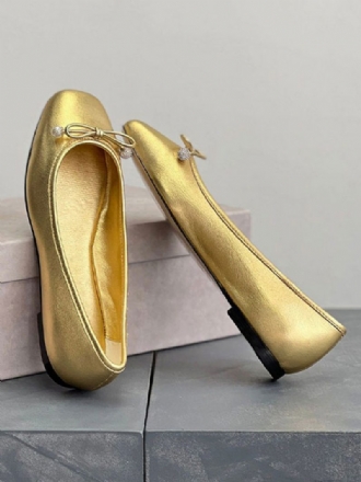 Goldene Ballerinas Für Damen Mit Metallic-schleife Und Runder Zehenpartie Flache Slip-on-schuhe