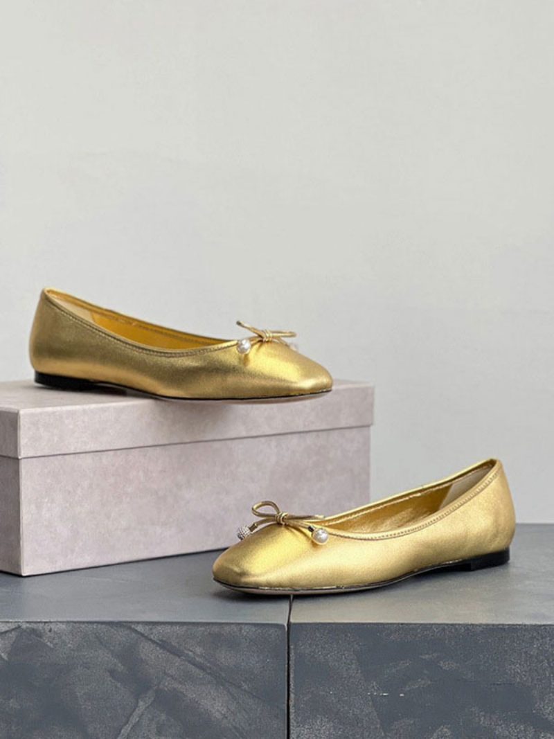 Goldene Ballerinas Für Damen Mit Metallic-schleife Und Runder Zehenpartie Flache Slip-on-schuhe - Gold