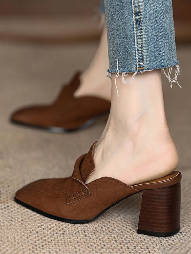 Mule-slipper Für Damen Mit Klobigem Absatz Und Eckiger Zehenpartie Rückenfreie Pantoletten - Kaffeebraun