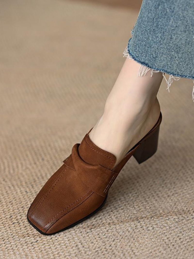 Mule-slipper Für Damen Mit Klobigem Absatz Und Eckiger Zehenpartie Rückenfreie Pantoletten - Kaffeebraun