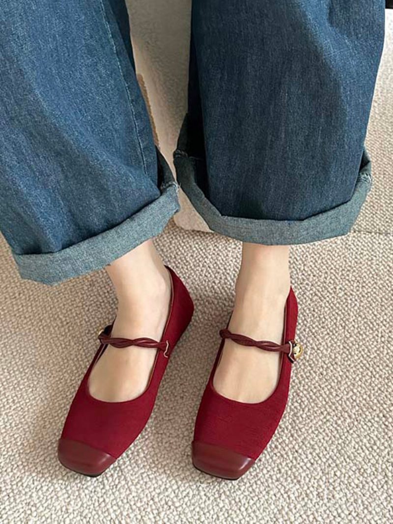 Rote Ballerinas Für Damen Quadratische Zehenpartie Flache Vintage-schuhe