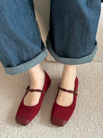 Rote Ballerinas Für Damen Quadratische Zehenpartie Flache Vintage-schuhe