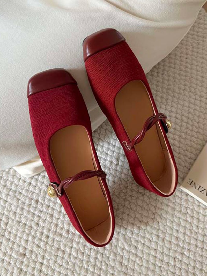 Rote Ballerinas Für Damen Quadratische Zehenpartie Flache Vintage-schuhe - Burgund