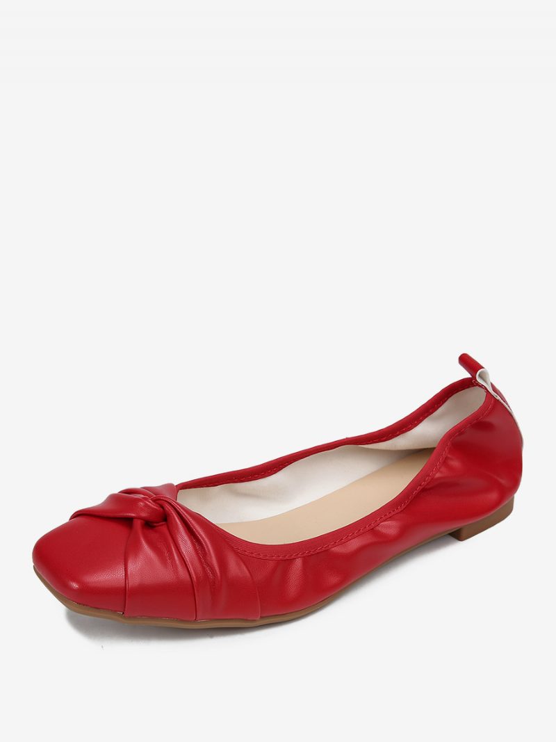 Rote Ballerinas Für Damen Schleifen Quadratische Zehen Geknotete Slip-on-schuhe