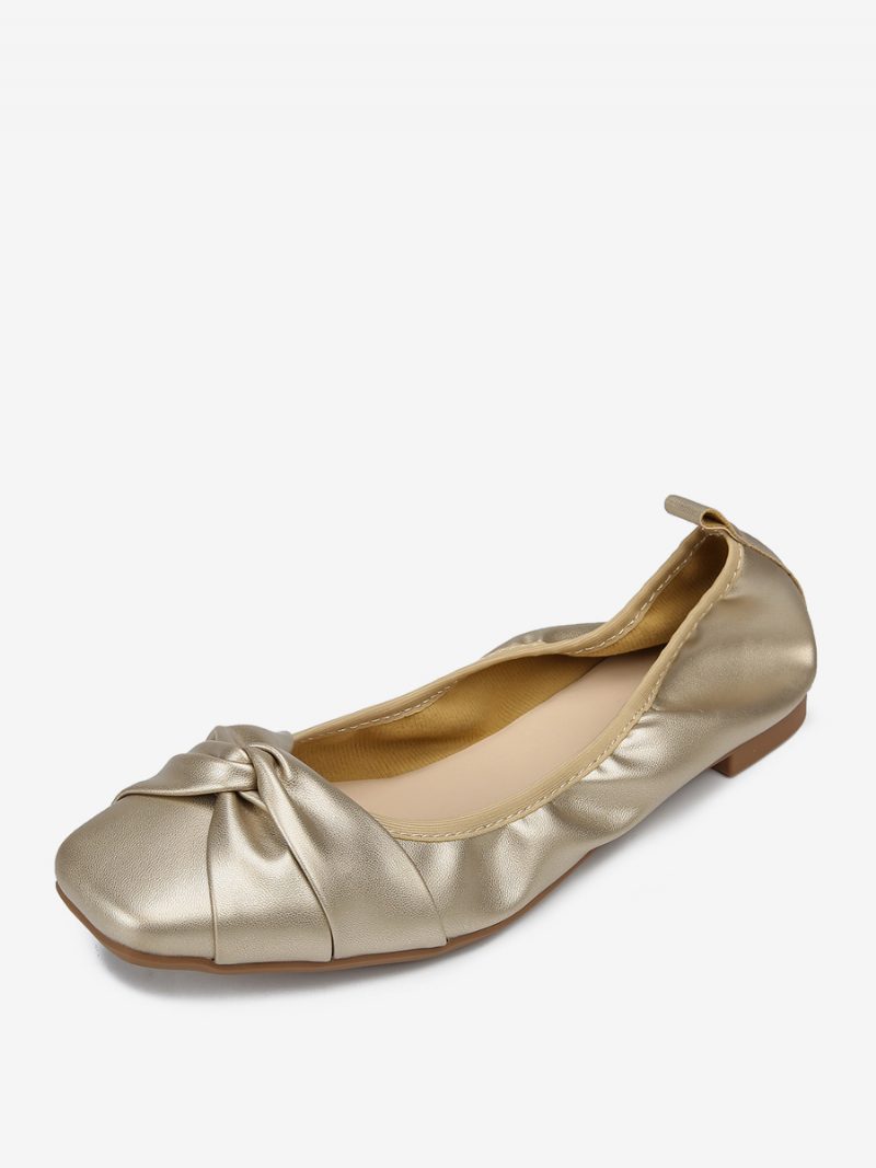 Rote Ballerinas Für Damen Schleifen Quadratische Zehen Geknotete Slip-on-schuhe - Gold