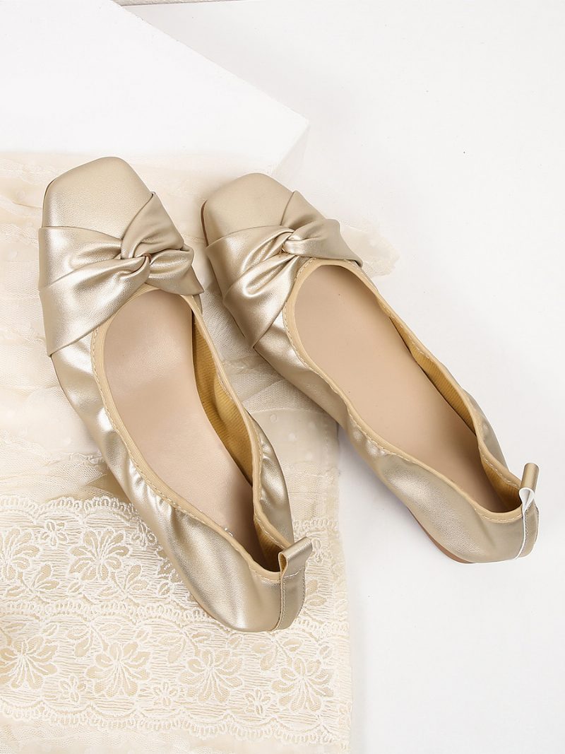 Rote Ballerinas Für Damen Schleifen Quadratische Zehen Geknotete Slip-on-schuhe - Gold