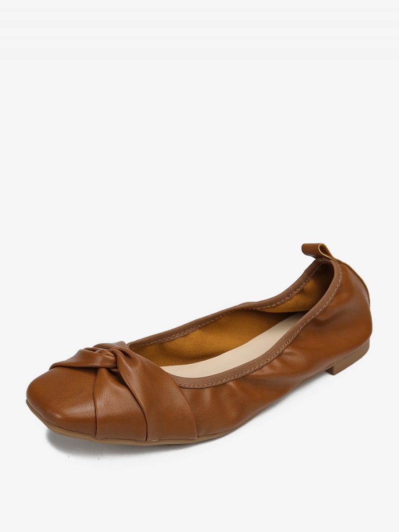 Rote Ballerinas Für Damen Schleifen Quadratische Zehen Geknotete Slip-on-schuhe - Kaffeebraun