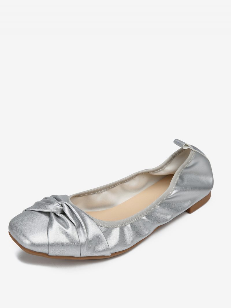 Rote Ballerinas Für Damen Schleifen Quadratische Zehen Geknotete Slip-on-schuhe - Silber