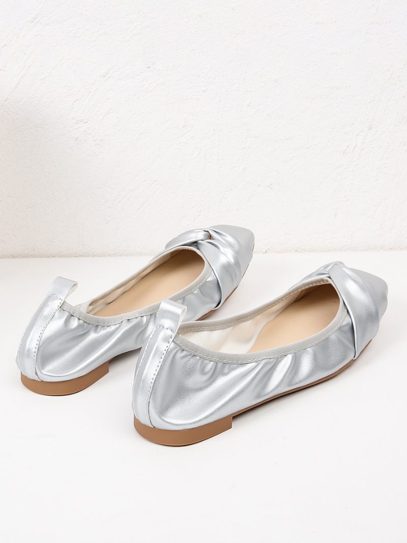 Rote Ballerinas Für Damen Schleifen Quadratische Zehen Geknotete Slip-on-schuhe - Silber