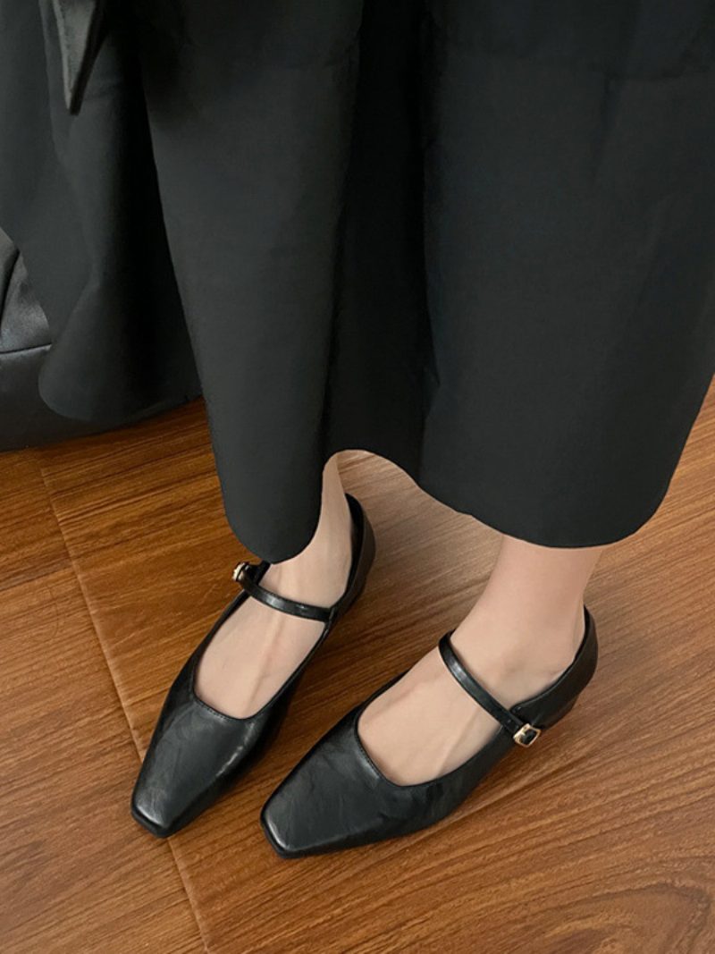 Schwarze Ballerinas Für Damen Mit Eckiger Zehenpartie Und Schnallendetail