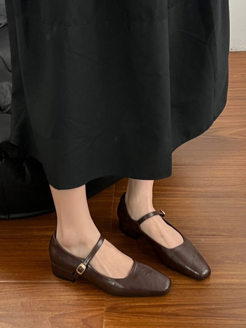 Schwarze Ballerinas Für Damen Mit Eckiger Zehenpartie Und Schnallendetail - Kaffeebraun