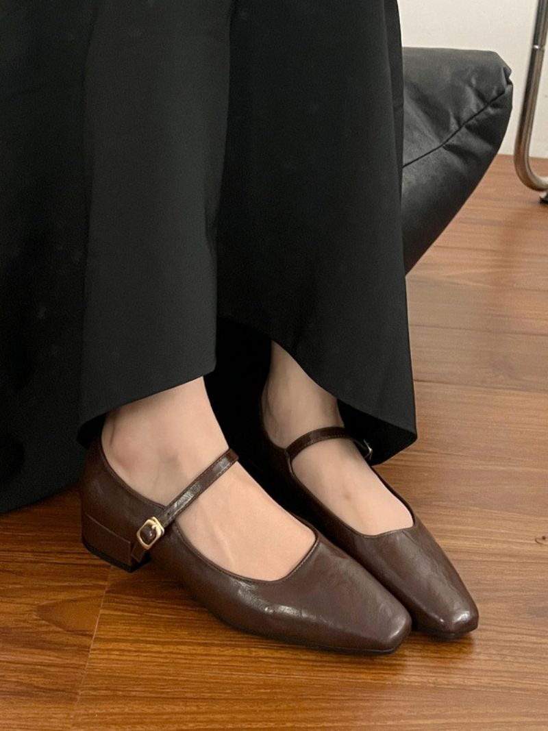 Schwarze Ballerinas Für Damen Mit Eckiger Zehenpartie Und Schnallendetail - Kaffeebraun