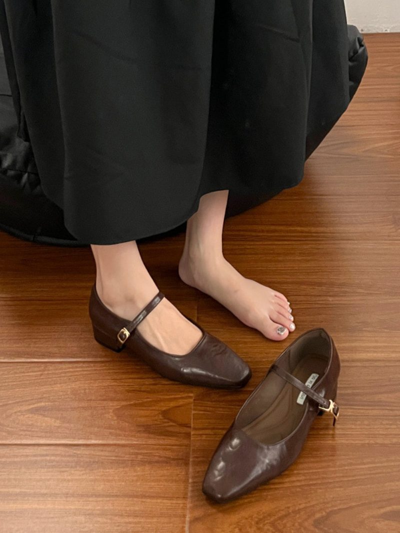 Schwarze Ballerinas Für Damen Mit Eckiger Zehenpartie Und Schnallendetail - Kaffeebraun