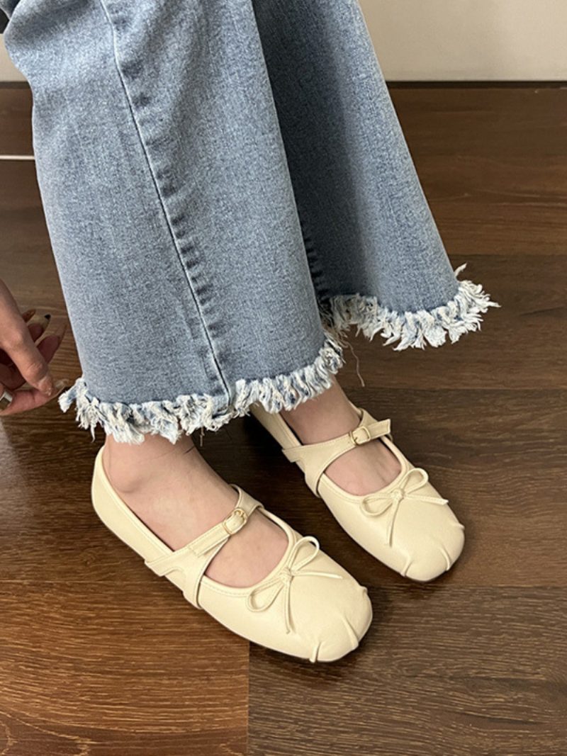 Schwarze Ballerinas Für Damen Mit Runder Zehenpartie Schleife Und Schnallendetail - Beige