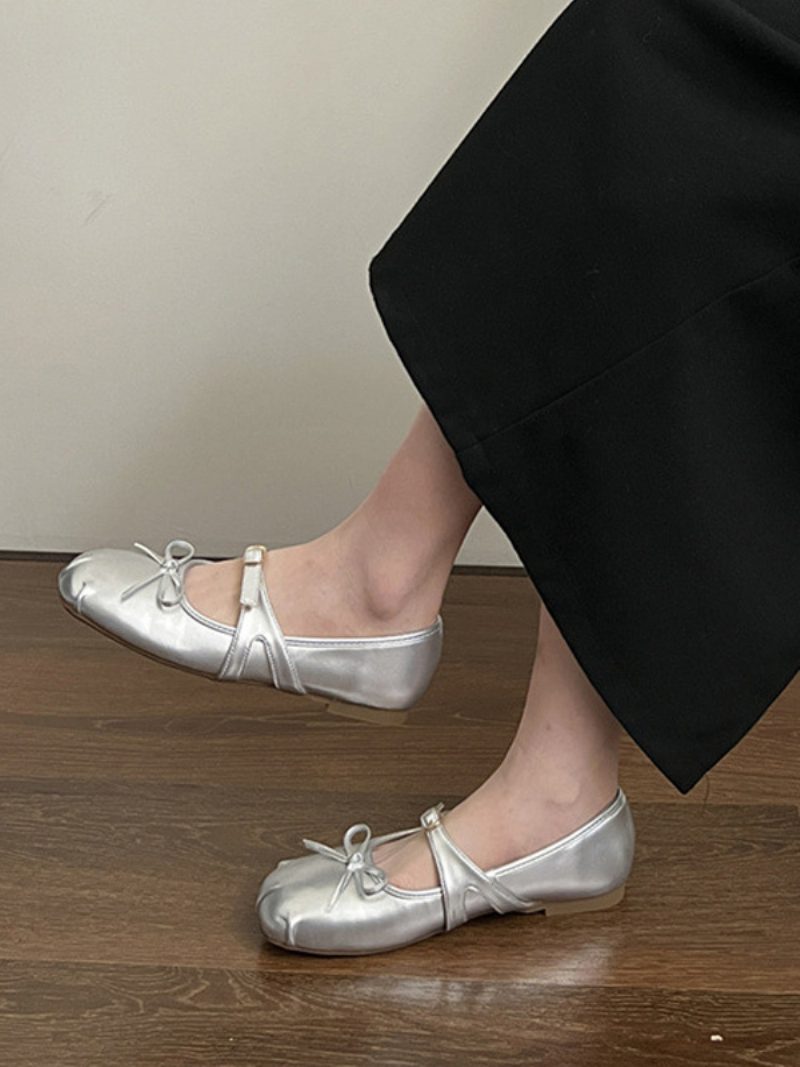 Schwarze Ballerinas Für Damen Mit Runder Zehenpartie Schleife Und Schnallendetail - Silber