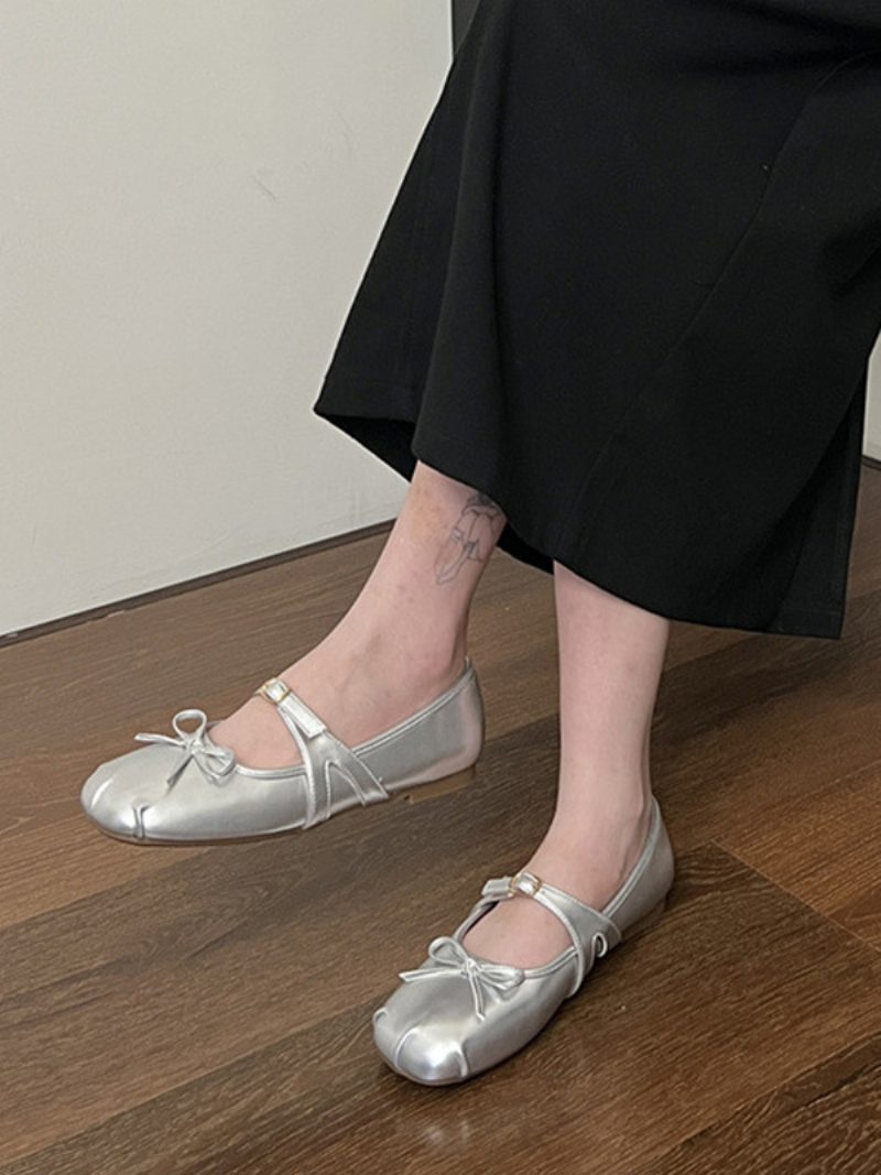 Schwarze Ballerinas Für Damen Mit Runder Zehenpartie Schleife Und Schnallendetail - Silber