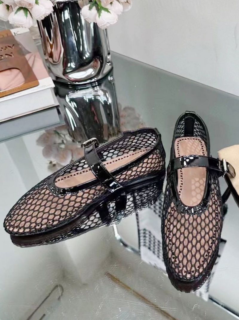 Schwarze Ballerinas Für Damen Mit Runder Zehenpartie Und Fischnetz-mary-jane-ballerinas - Schwarz