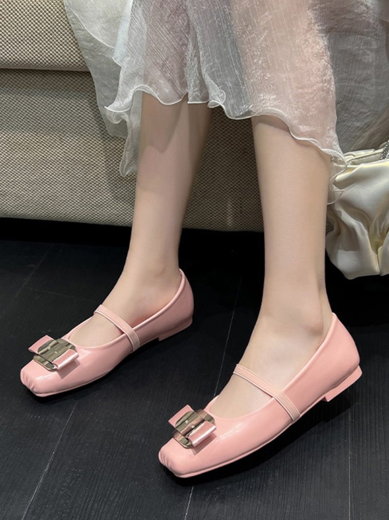 Schwarze Ballerinas Mit Quadratischer Zehenpartie Und Schleife Für Damen - Rosa