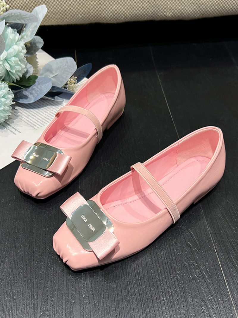 Schwarze Ballerinas Mit Quadratischer Zehenpartie Und Schleife Für Damen - Rosa