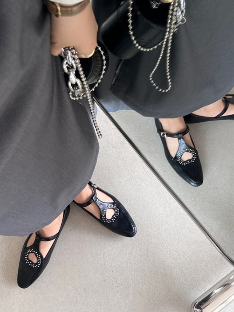 Schwarze Ballerinas Mit Quadratischer Zehenpartie Und Strasssteinen Flache Schuhe Schnallendetail Für Damen - Schwarz