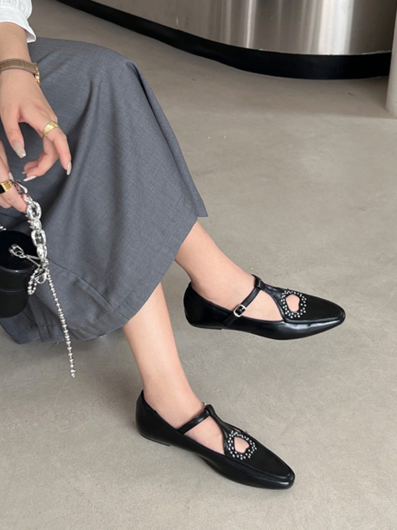 Schwarze Ballerinas Mit Quadratischer Zehenpartie Und Strasssteinen Flache Schuhe Schnallendetail Für Damen - Schwarz