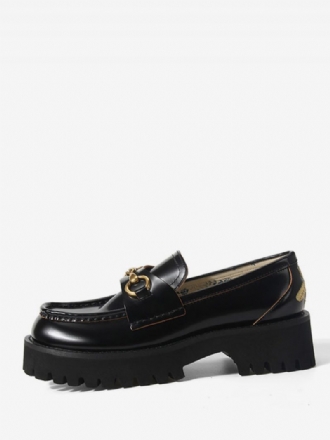 Schwarze Damen-loafer Aus Pu-leder Mit Metalldetail Und Klobigem Absatz