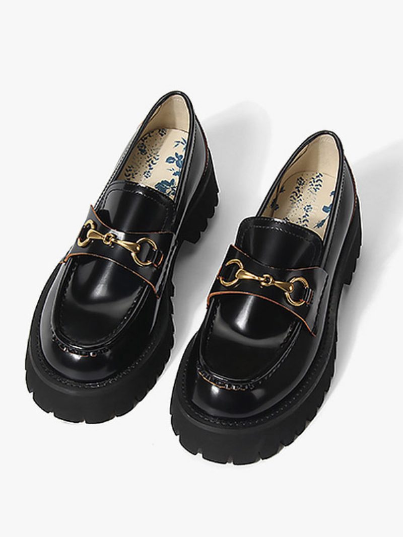 Schwarze Damen-loafer Aus Pu-leder Mit Metalldetail Und Klobigem Absatz - Schwarz