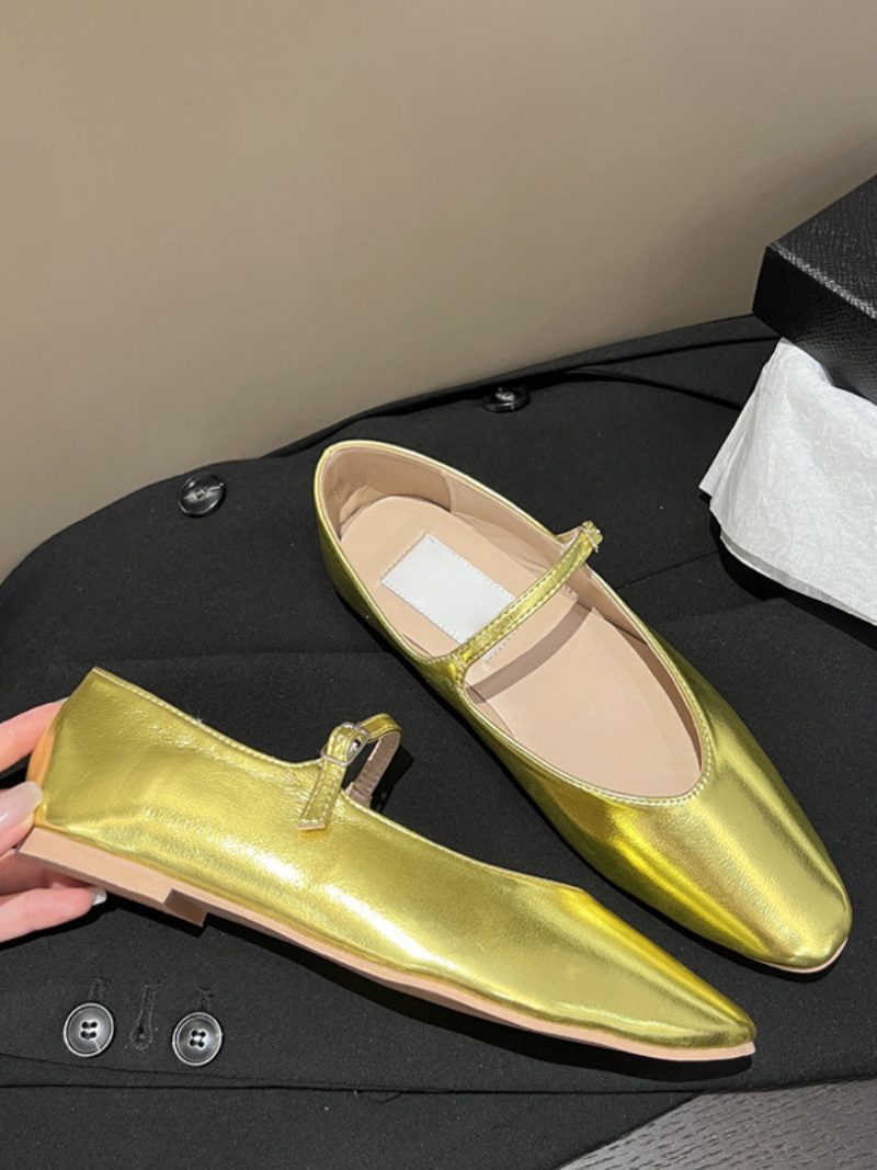 Schwarze Flache Damenschuhe. Mary-jane-ballerinas Mit Runder Zehenpartie - Gold