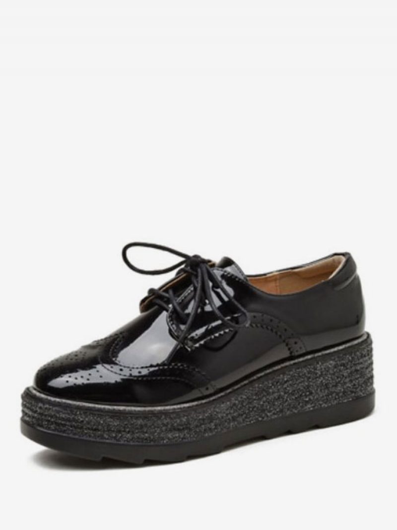 Schwarze Wingtip-brogues Zum Schnüren Für Damen Mit Runder Zehenpartie Und Plateau-oxfords - Schwarz