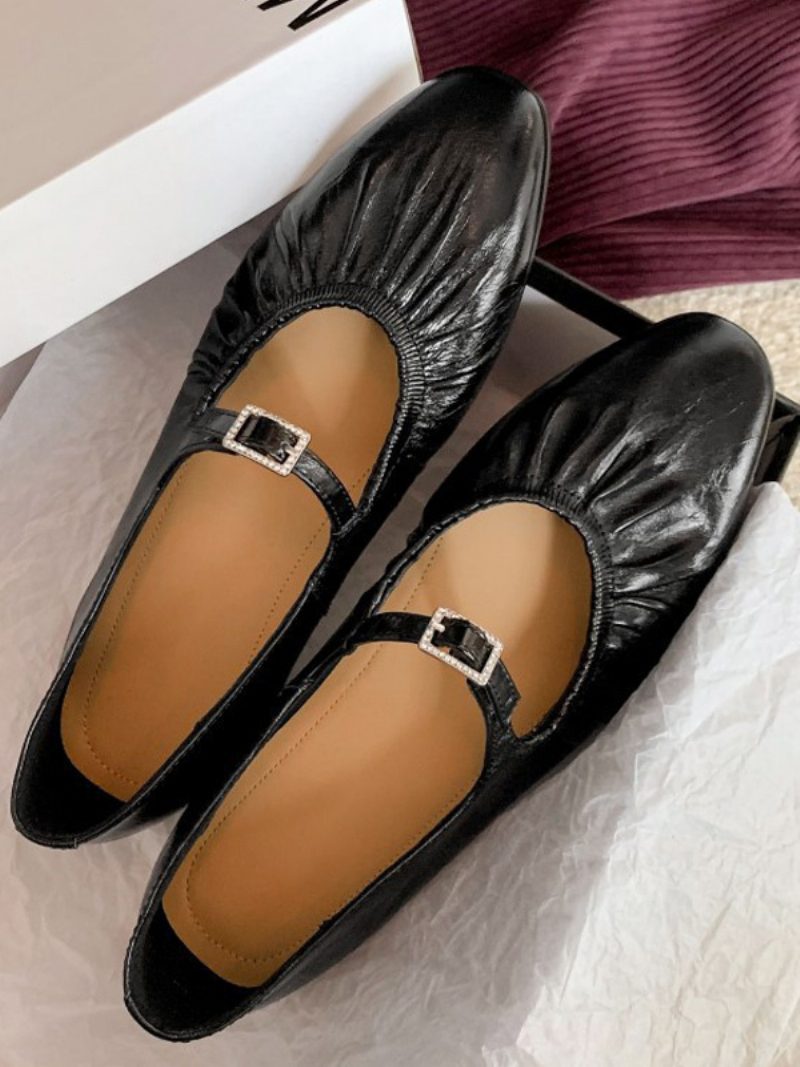 Silberne Ballerinas Für Damen Mit Schnallendetail Runder Zehenpartie Und Flachen - Schwarz