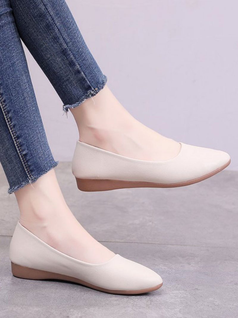 Weiße Flache Schuhe Für Damen Spitze Zehenpartie Slip-on-ballerinas Aus Pu-leder - Beige