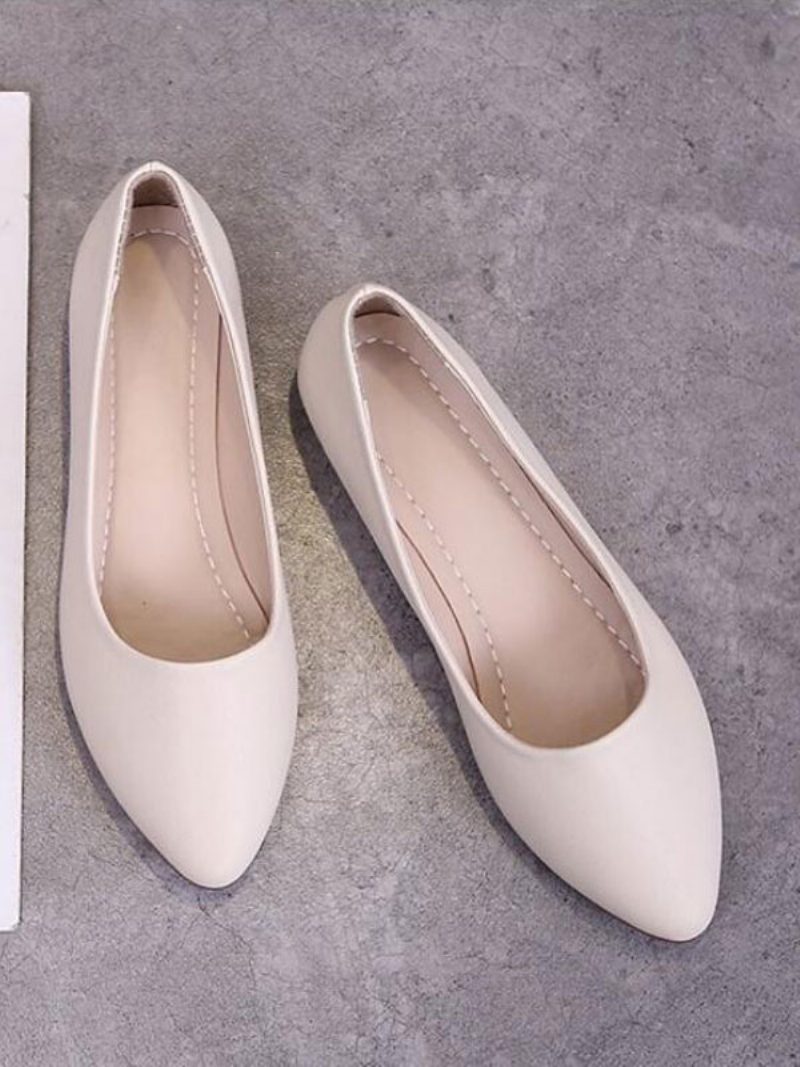 Weiße Flache Schuhe Für Damen Spitze Zehenpartie Slip-on-ballerinas Aus Pu-leder - Beige