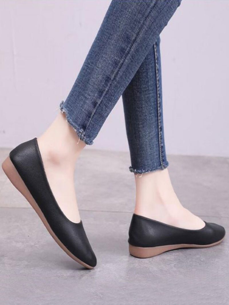 Weiße Flache Schuhe Für Damen Spitze Zehenpartie Slip-on-ballerinas Aus Pu-leder - Schwarz