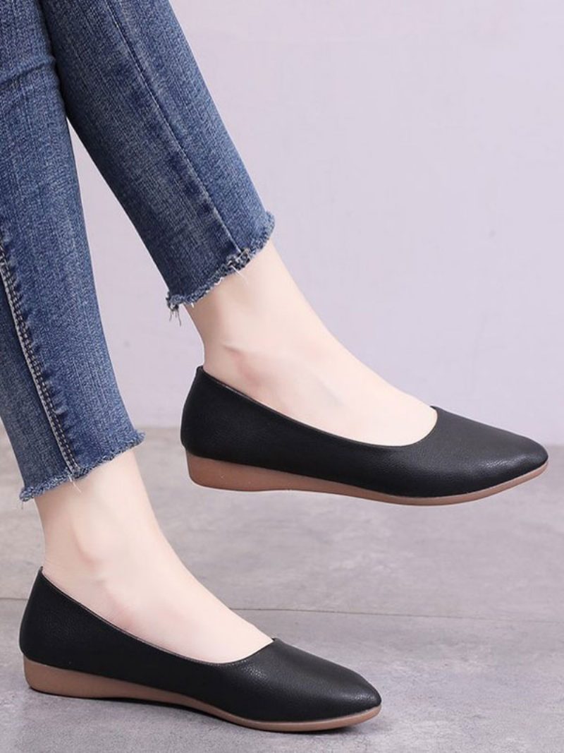 Weiße Flache Schuhe Für Damen Spitze Zehenpartie Slip-on-ballerinas Aus Pu-leder - Schwarz