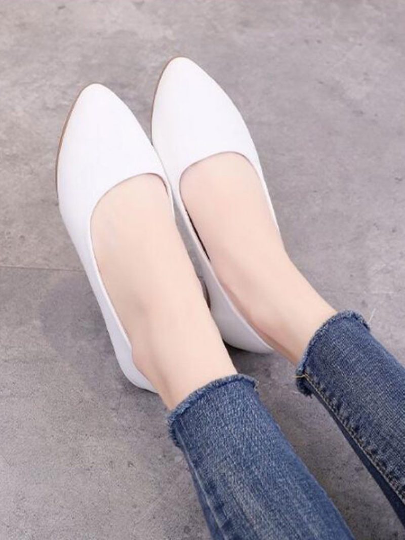 Weiße Flache Schuhe Für Damen Spitze Zehenpartie Slip-on-ballerinas Aus Pu-leder - Weiß